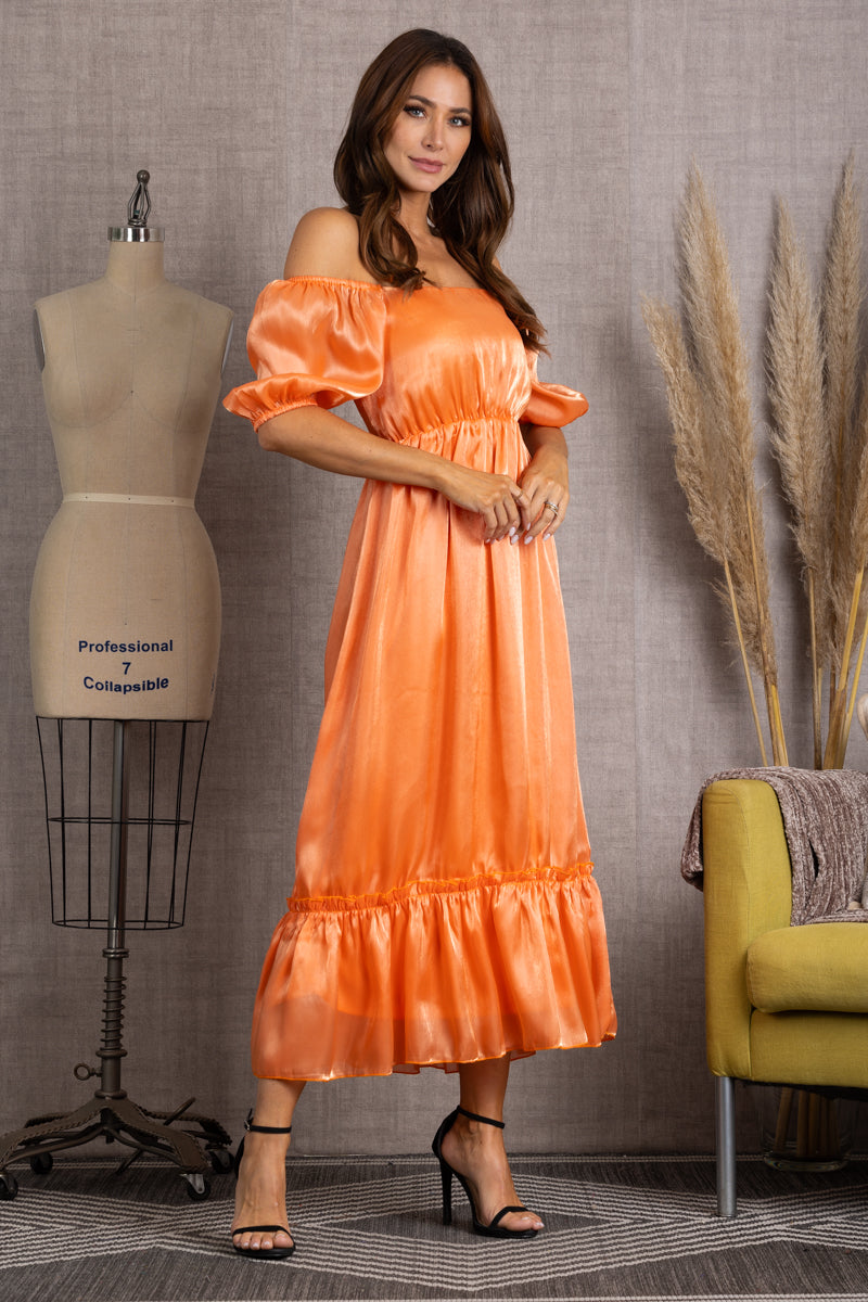 M10224W-CORAL OFF SHOULDER RUFFLE TIERED MAXI DRESS