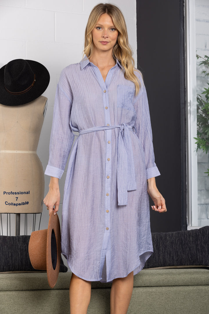 DUSTY BLUE COLLARED LINEN LONG SLEEVES MAXI DRESS-D9287