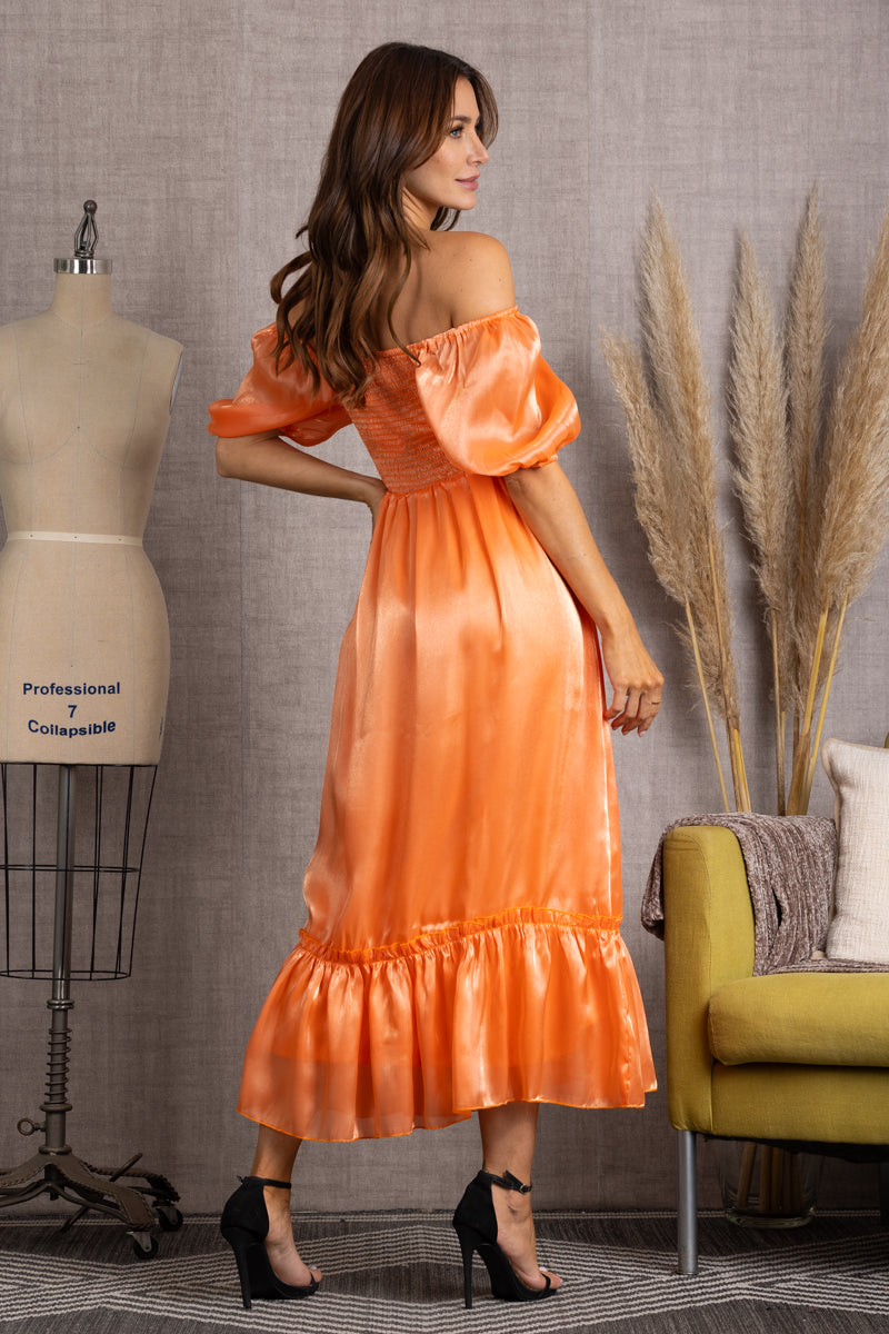 M10224W-CORAL OFF SHOULDER RUFFLE TIERED MAXI DRESS