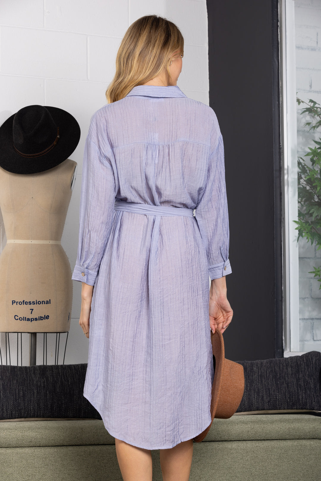 DUSTY BLUE COLLARED LINEN LONG SLEEVES MAXI DRESS-D9287