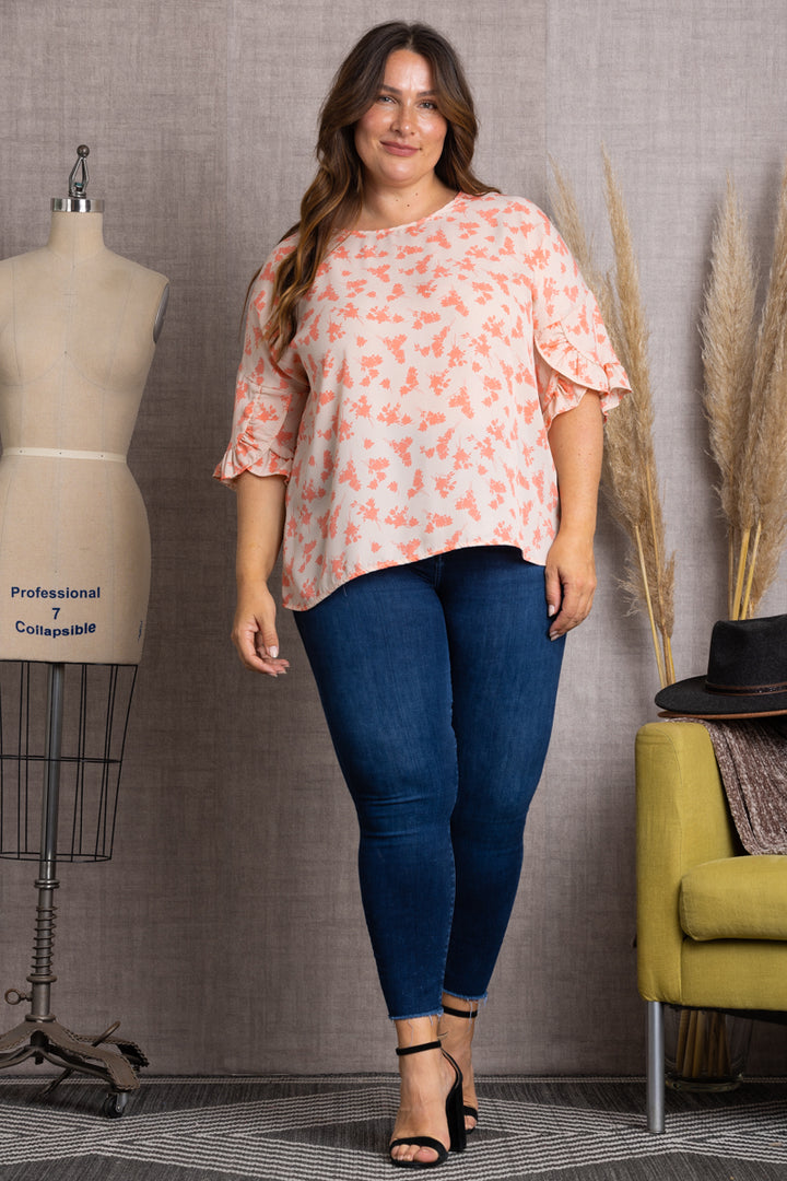 PEACH FLORAL PRINT BELL SHORT SLEEVE PLUS SIZE TOP-T2029