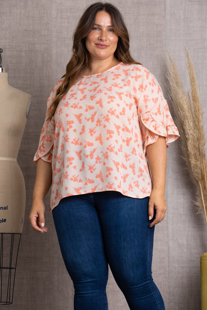 T2029-Wholesale PEACH PEACH FLORAL PRINT BELL SHORT SLEEVE PUS SIZE TOP