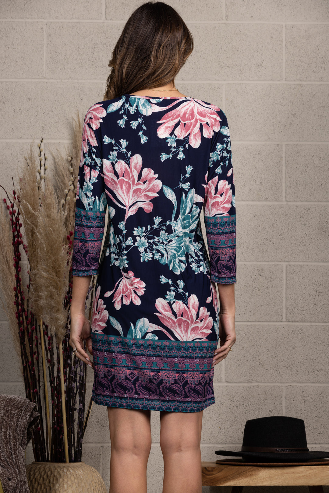 NAVY FLORAL PRINT FRONT PATCH POCKET MIDI DRESS-VC5502