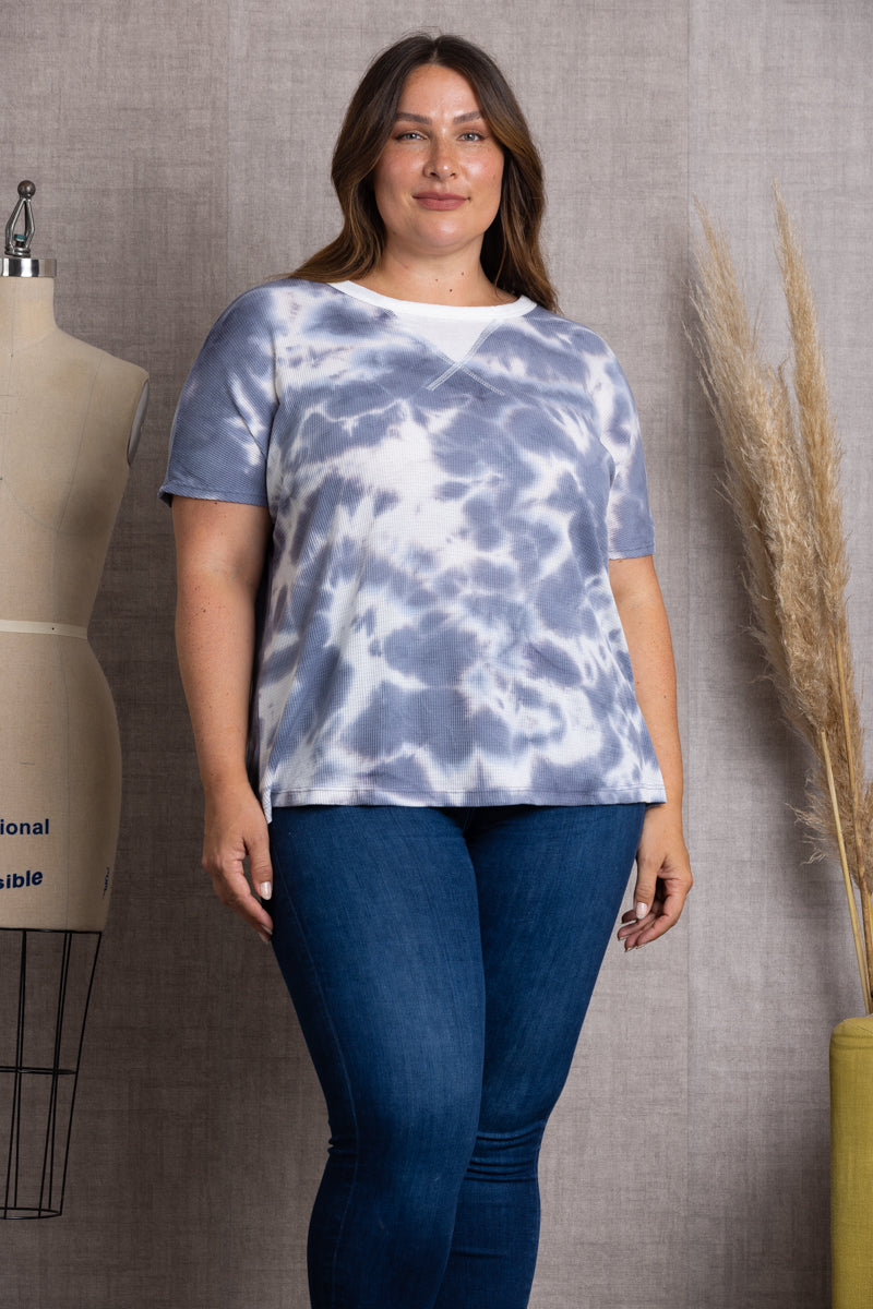 SLATE GREY SLATE GREY TIE DYE PRINT THERMAL KNIT PLUS SIZE TOP-PTY3794