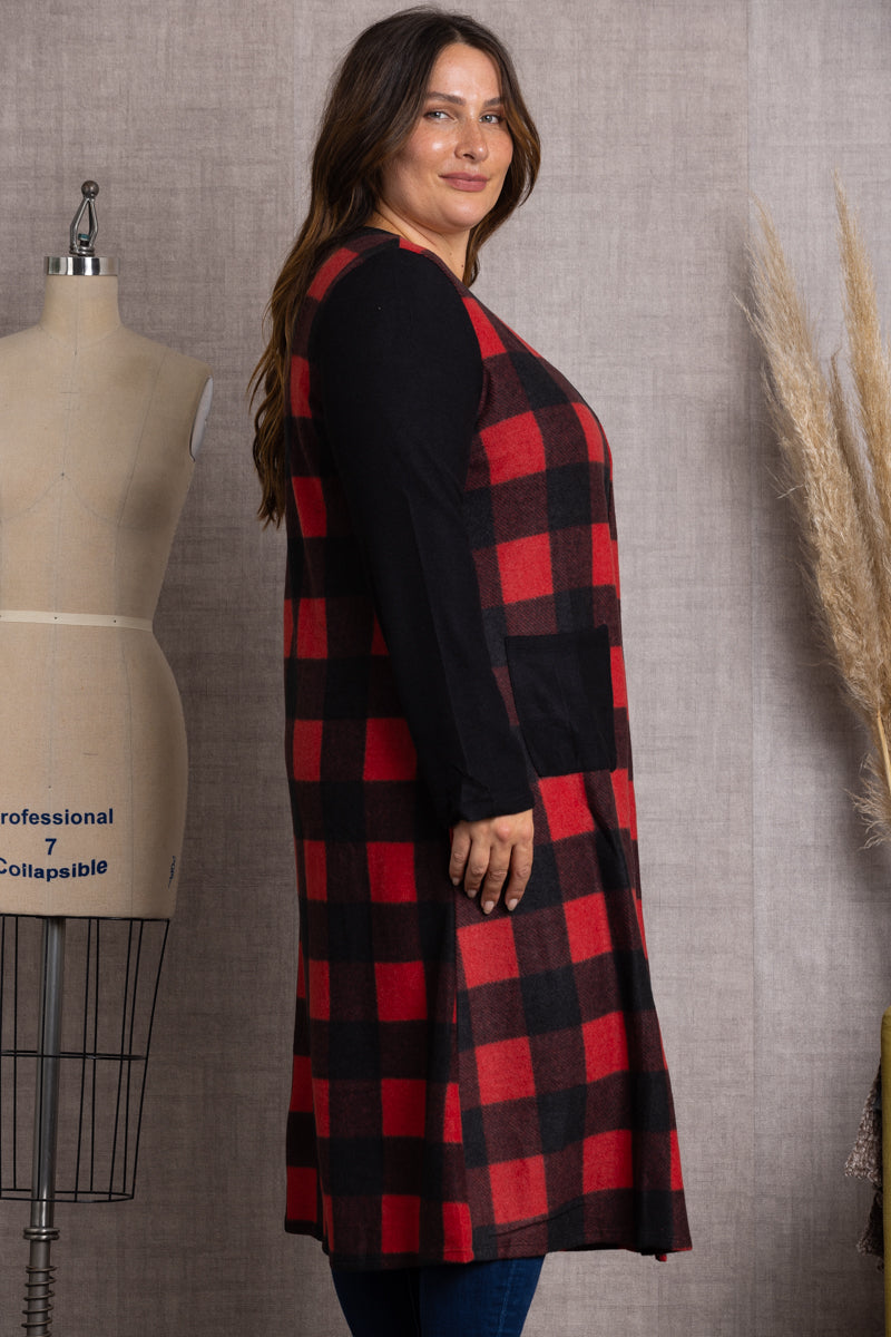 BLACK/RED CONTRAST THROW ON PLAID PLUS SIZE CARDIGAN-SG21022P