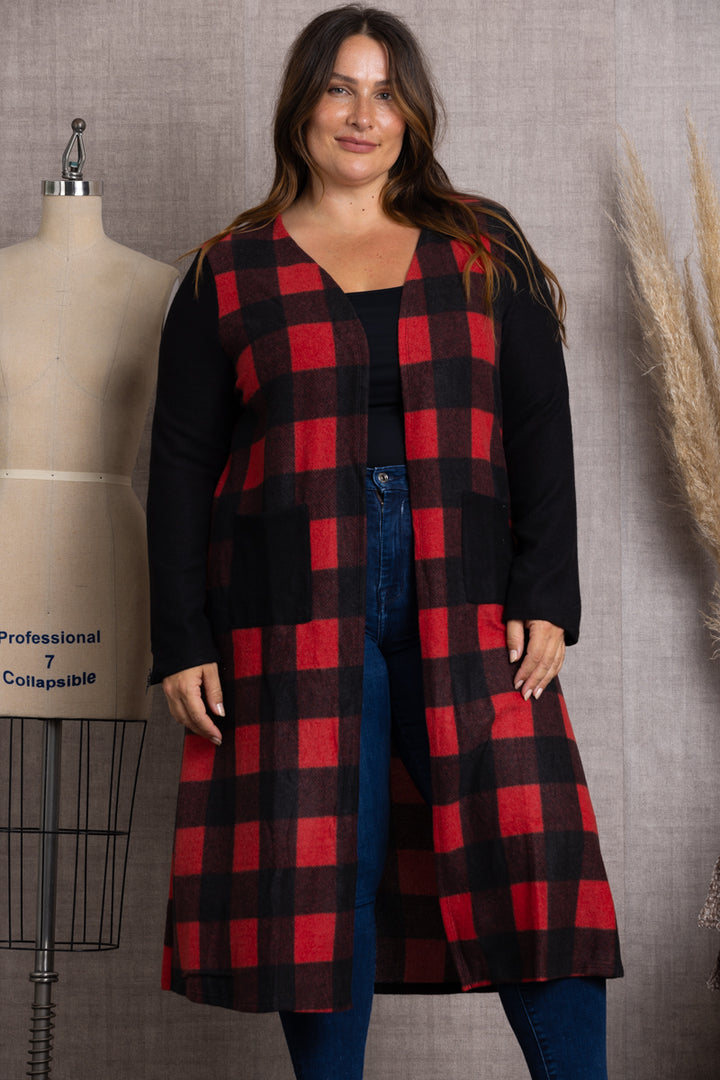 BLACK/RED CONTRAST THROW ON PLAID PLUS SIZE CARDIGAN-SG21022P