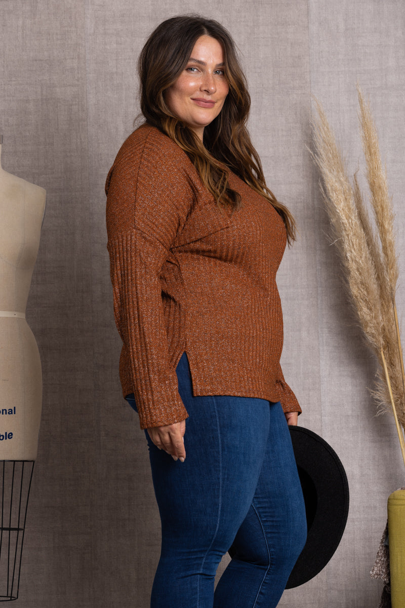 BROWN RIBBED KNIT LONG SLEEVES PLUS SIZE TOP-T7500