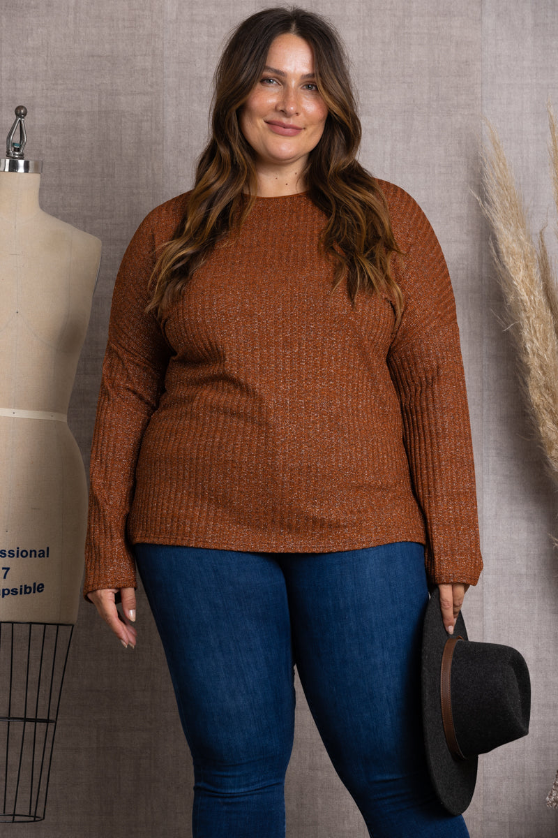 BROWN RIBBED KNIT LONG SLEEVES PLUS SIZE TOP-T7500