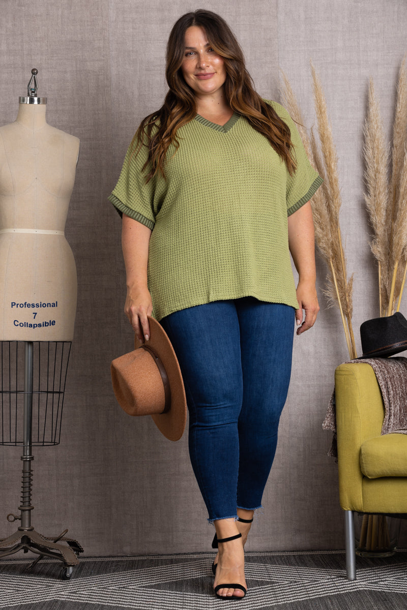 T7879-Wholesale OLIVE V-NECK DOLMAN SHORT SLEEVES PLUS SIZE KNIT TOP