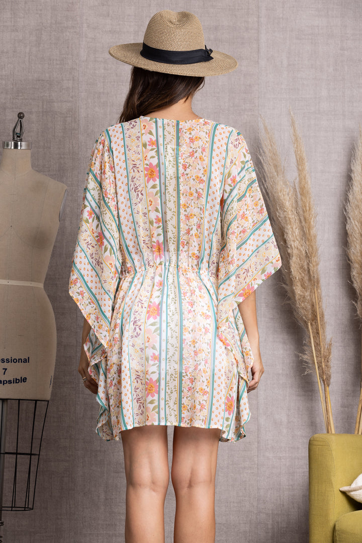 PINK GREEN FLORAL PRINT SELF-TIE WAIST STRING KIMONO-SC12061