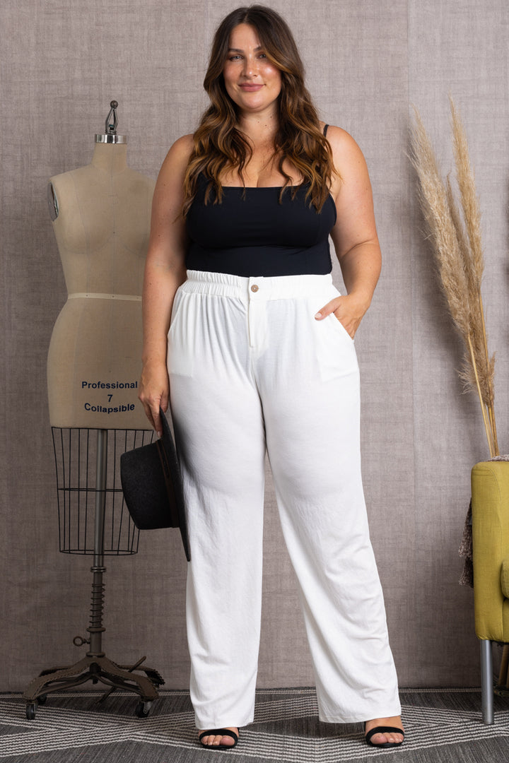 P7730-Wholesale CREAM HIGH WAIST WIDE LEG PLUS SIZE PANTS