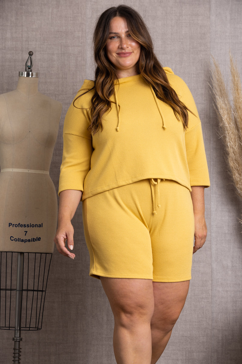 MUSTARD SWEATSHIRT PLUS SIZE HOODIES SET-ST7835