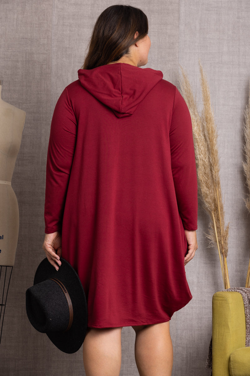 BURGUNDY SOLID COLOR HOODIE LONG SLEEVES PLUS SIZE MIDI DRESS-4D2354-1