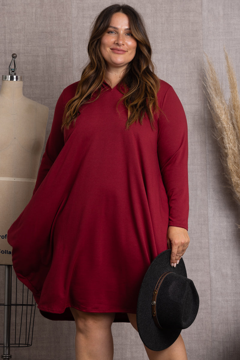 BURGUNDY SOLID COLOR HOODIE LONG SLEEVES PLUS SIZE MIDI DRESS-4D2354-1