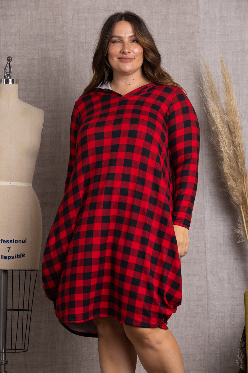 RED PLAID HOODIE LONG SLEEVES PLUS SIZE MIDI DRESS-4D2354-2