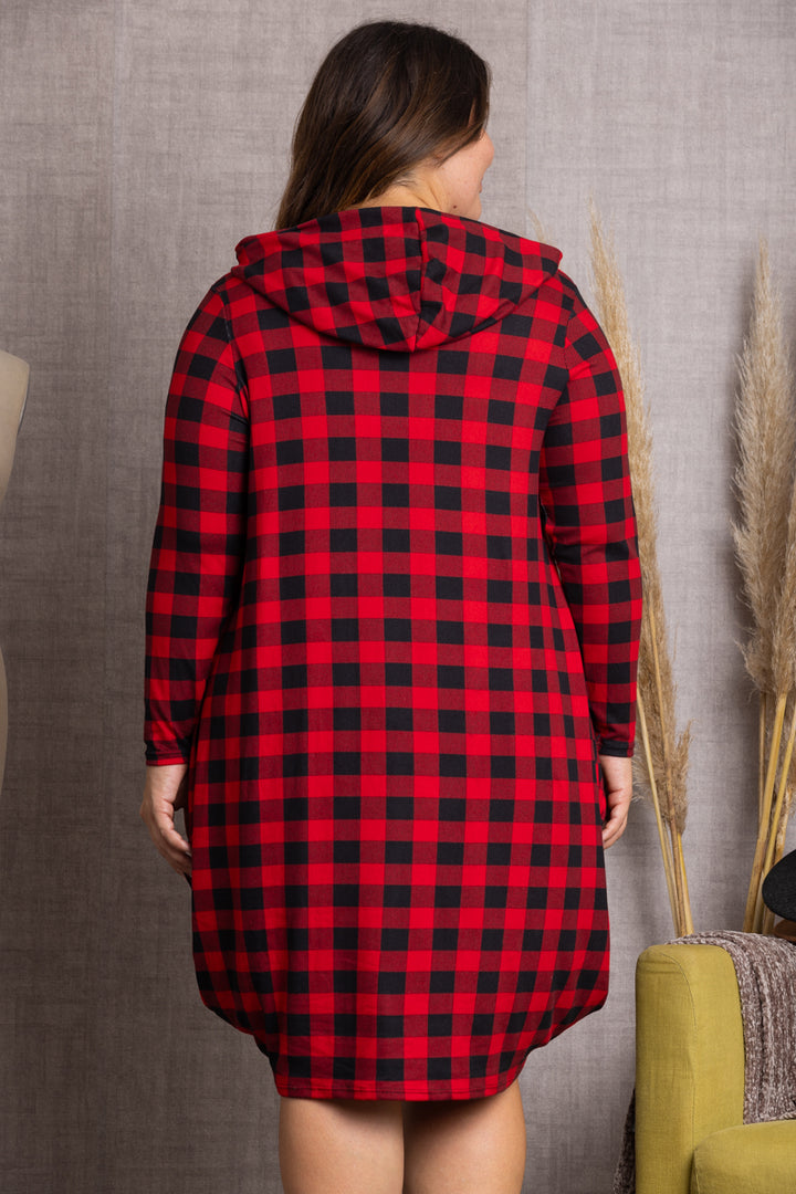 RED PLAID HOODIE LONG SLEEVES PLUS SIZE MIDI DRESS-4D2354-2