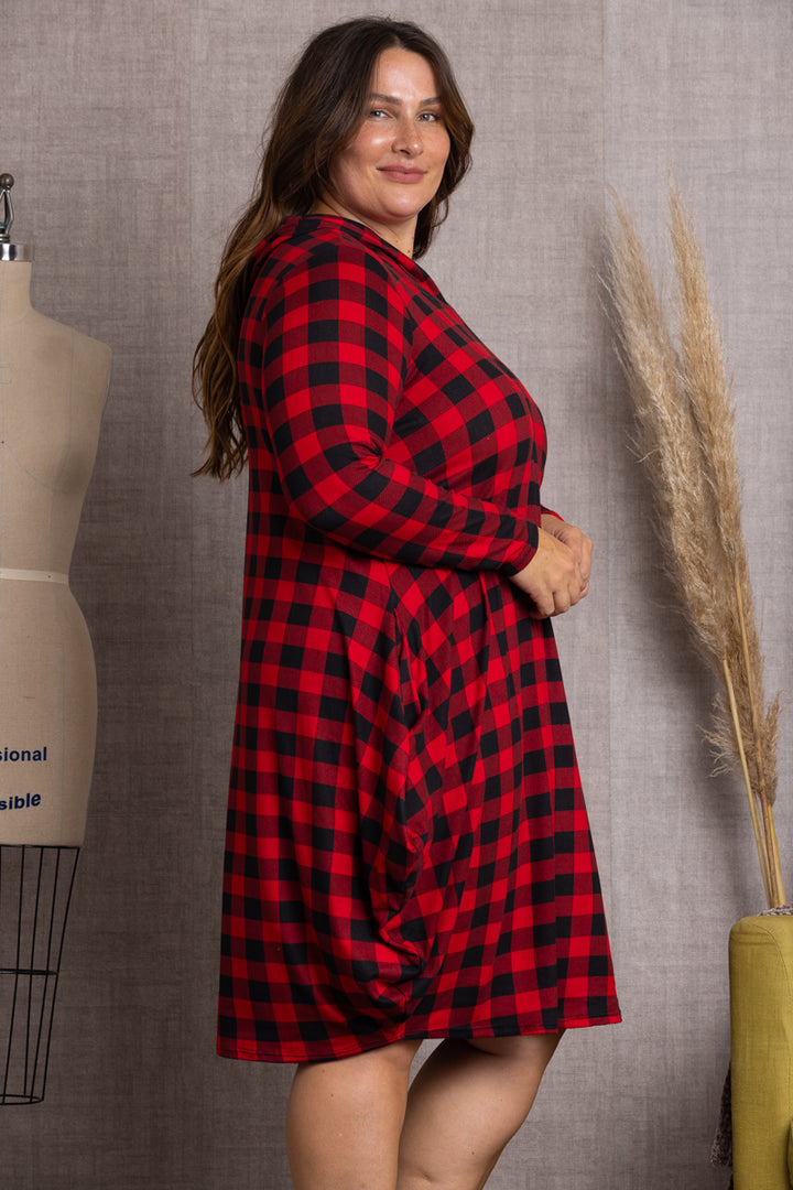 RED PLAID HOODIE LONG SLEEVES PLUS SIZE MIDI DRESS-4D2354-2