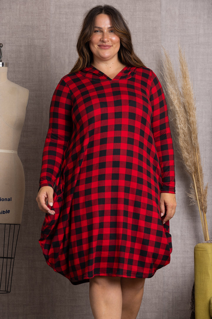 4D2354-2-Wholesale RED PLAID HOODIE LONG SLEEVES PLUS SIZE MIDI DRESS