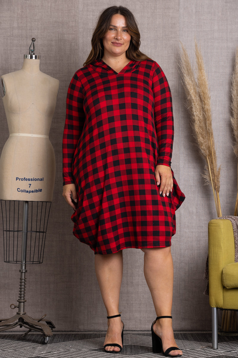 RED PLAID HOODIE LONG SLEEVES PLUS SIZE MIDI DRESS-4D2354-2