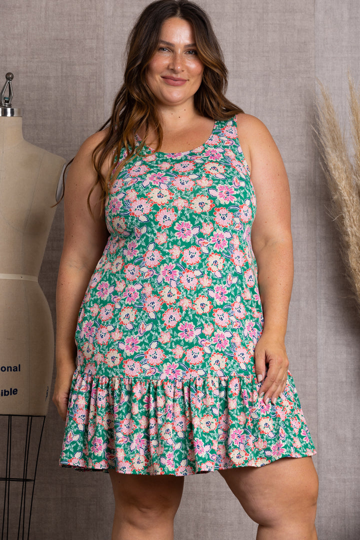 SHAMROCK GREEN FLORAL PRINT PLUS SIZE MIDI DRESS-D3131