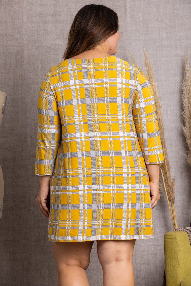 MUSTARD PLAID CHECKERED PRINT PLUS SIZE MINI DRESS-SD21058P