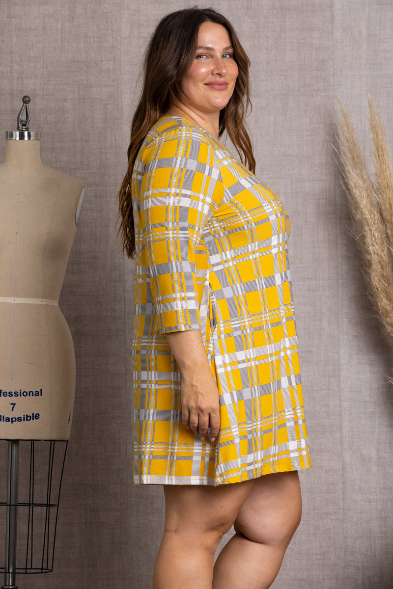 MUSTARD PLAID CHECKERED PRINT PLUS SIZE MINI DRESS-SD21058P