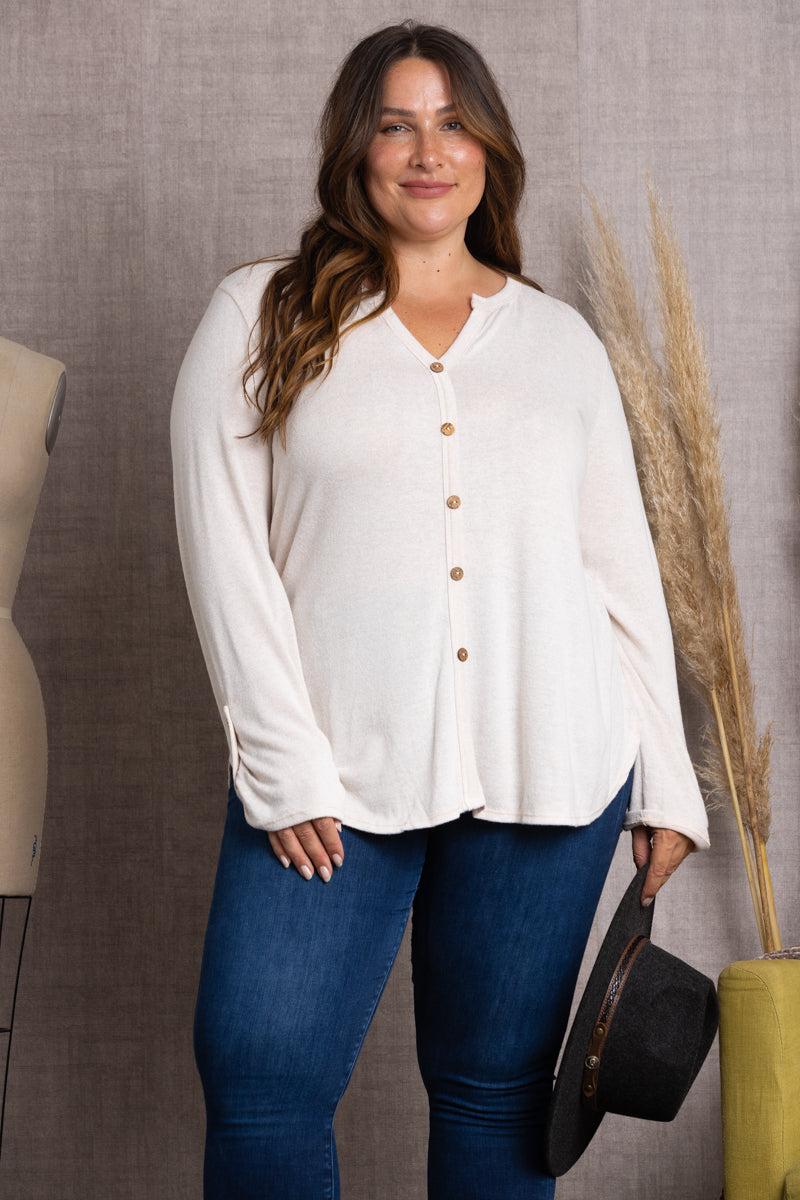 BEIGE V-NECK BUTTON DOWN LONG SLEEVE PLUS SIZE TOP-SPT5203P