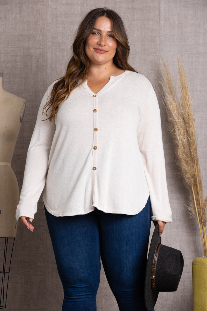 BEIGE V-NECK BUTTON DOWN LONG SLEEVE PLUS SIZE TOP-SPT5203P