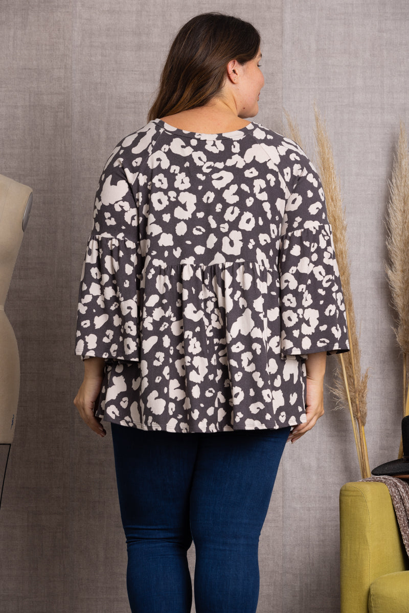 BROWN ANIMAL PRINT BELL LONG SLEEVE PLUS SIZE TOP-4T2358-1