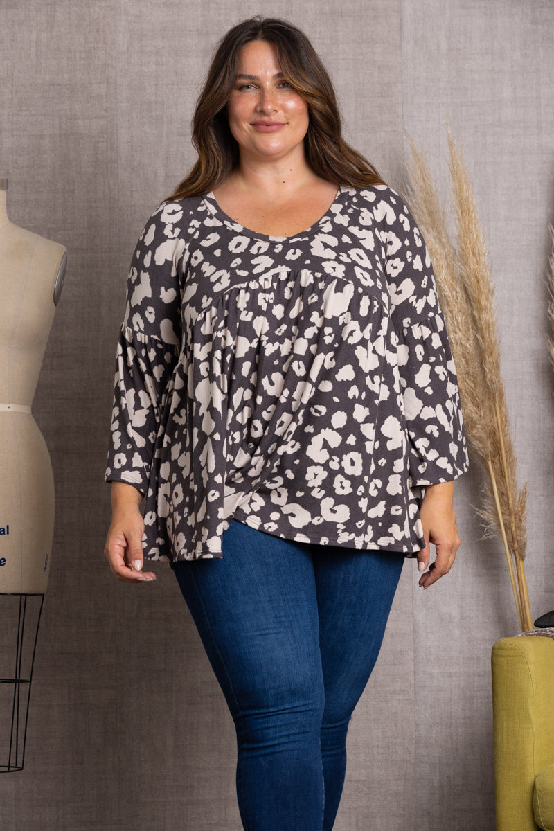 BROWN ANIMAL PRINT BELL LONG SLEEVE PLUS SIZE TOP-4T2358-1