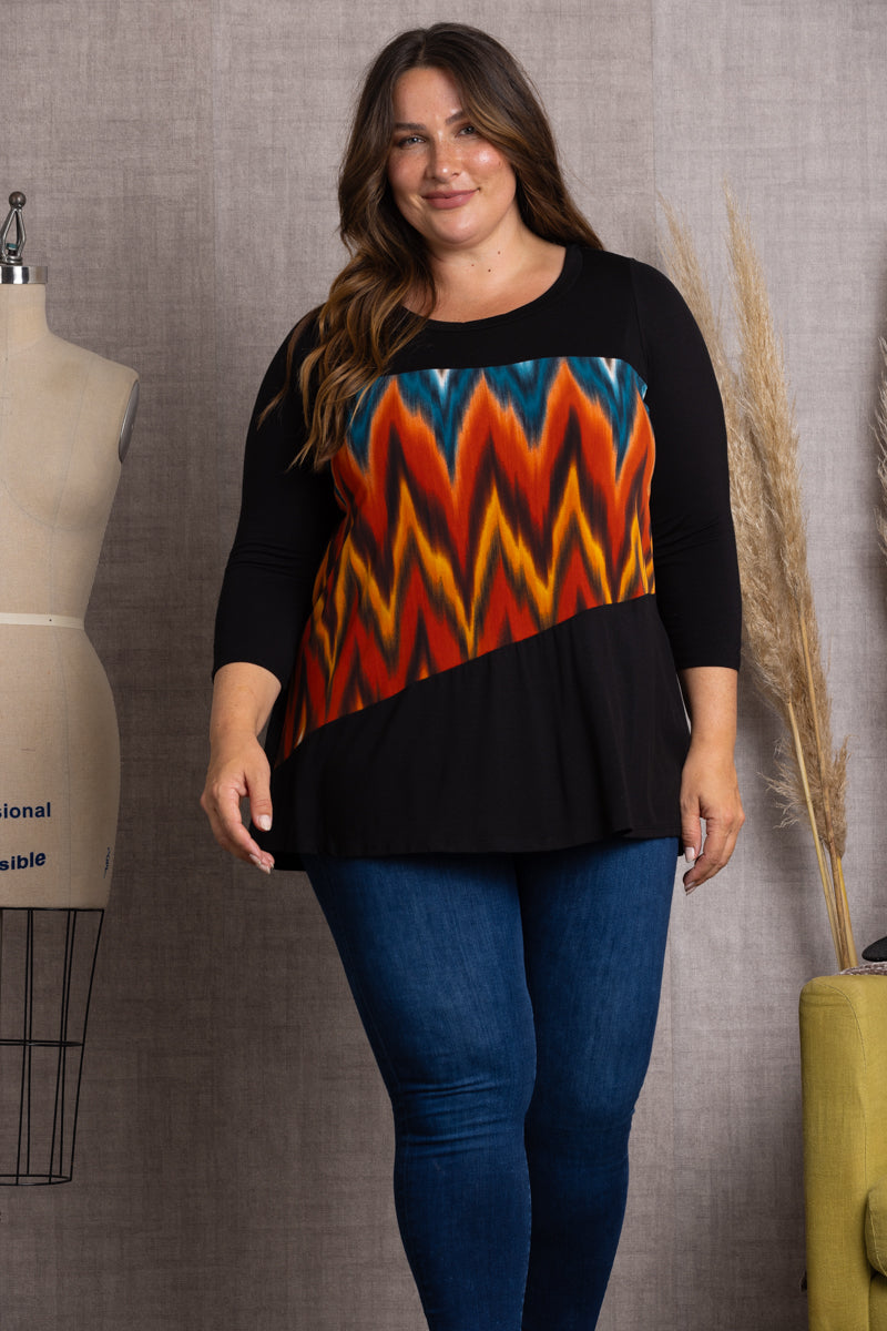 4T2261-1-Wholesale BLACK MULTI COLOR 3/4 SLEEVE PLUS SIZE TOP