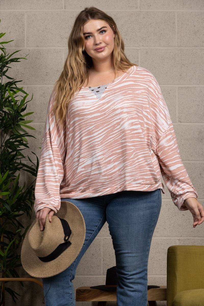 BLUSH ANIMAL PRINT SWEATER WITH SILVER POLKADOTS PLUS SIZE TOP-T7028