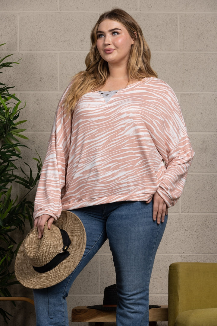 BLUSH ANIMAL PRINT SWEATER WITH SILVER POLKADOTS PLUS SIZE TOP-T7028