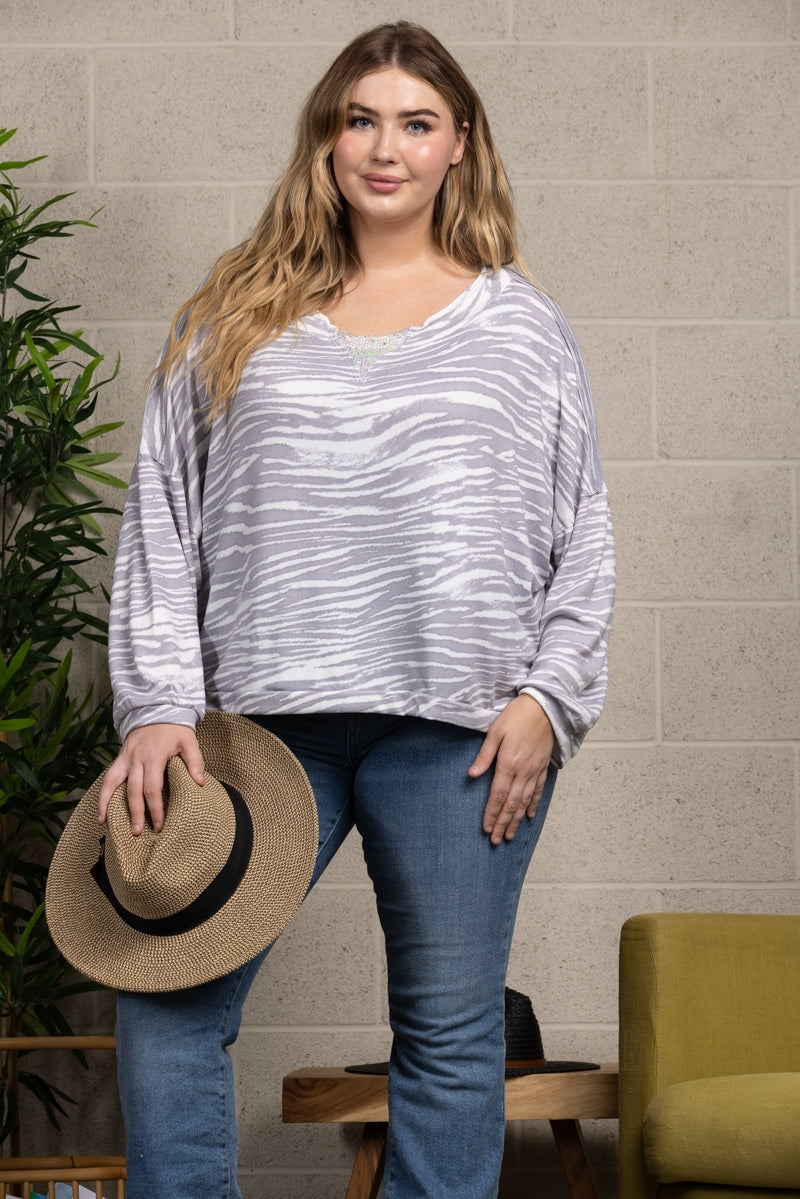 GREY ANIMAL RINT SWEATER WITH SILVER SEQUENCE PLUS SIZE TOP-T7028