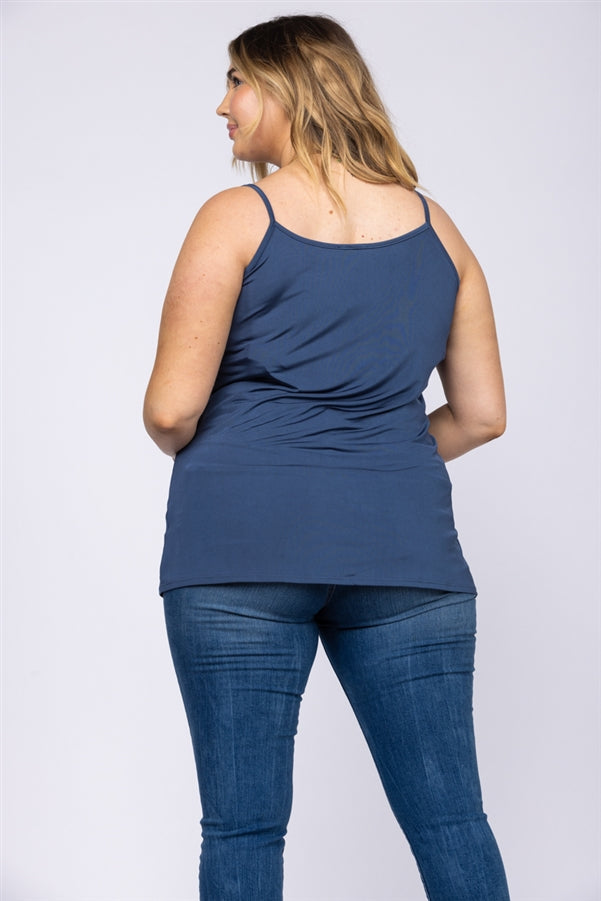 CHARCOAL BLUE SATIN LACEY V-NECK SPAGHETTI STRAP PLUS SIZE TOP-T6588P