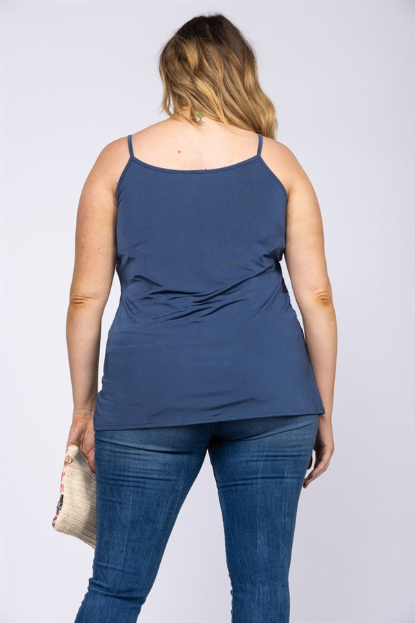 CHARCOAL BLUE SATIN LACEY V-NECK SPAGHETTI STRAP PLUS SIZE TOP-T6588P