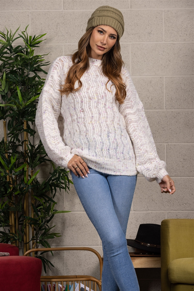 IVORY MULTI DUST COLOR RIB STITCH KNIT PULLOVER  SWEATER  TI10566