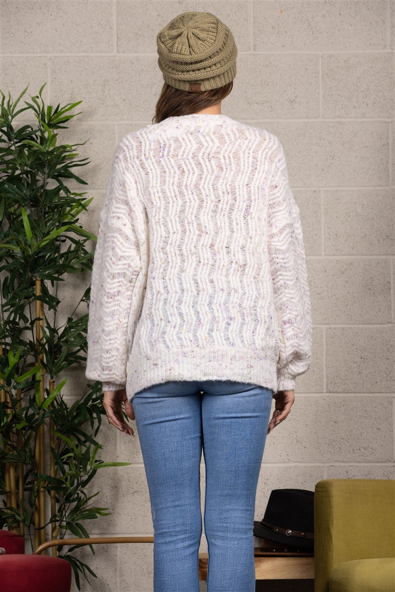 IVORY MULTI DUST COLOR RIB STITCH KNIT PULLOVER  SWEATER  TI10566