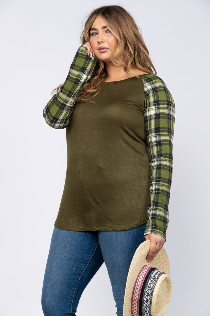 OLIVE GREEN MADRAS SLEEVES PLUS SIZE RAGLAN TOP CT43222L