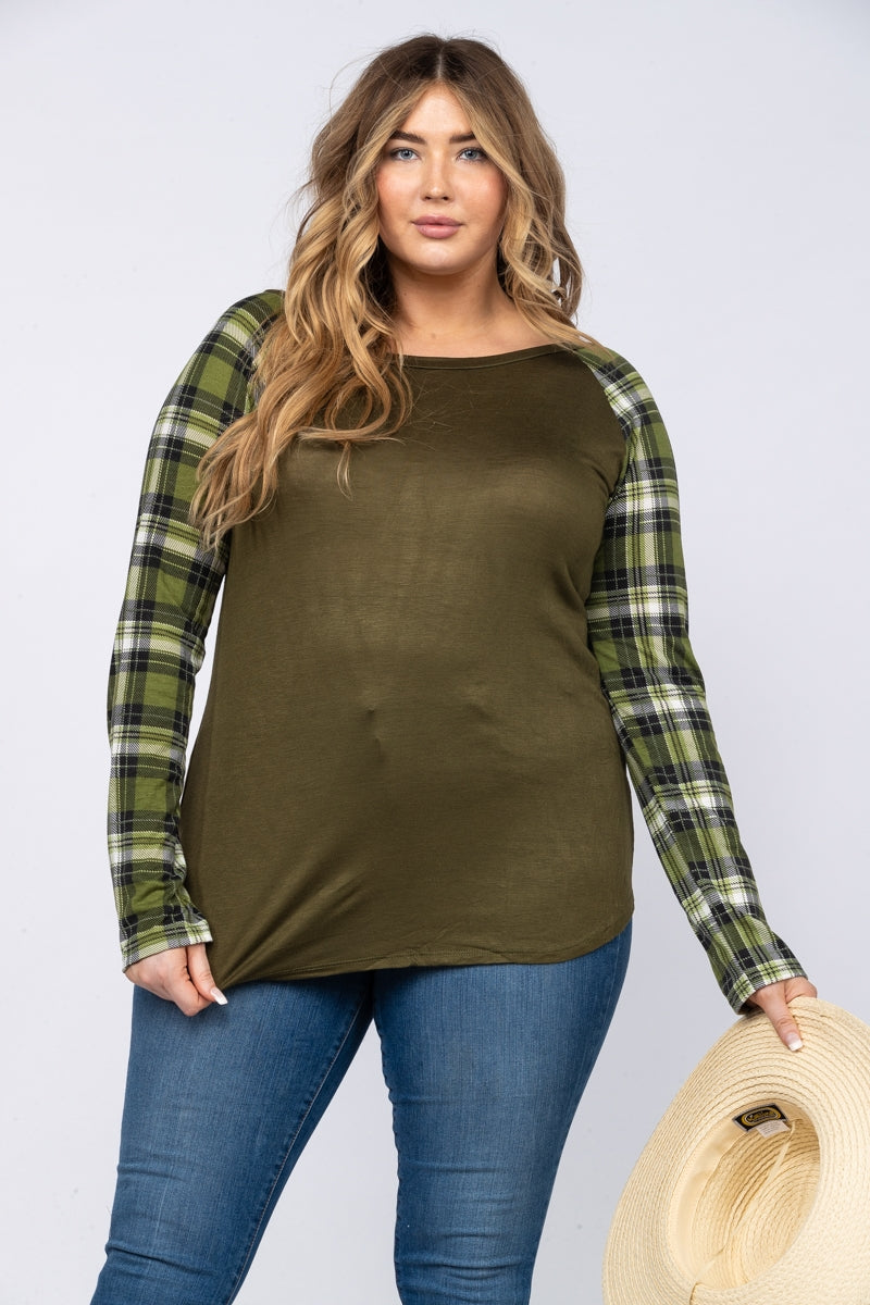 OLIVE GREEN MADRAS SLEEVES PLUS SIZE RAGLAN TOP CT43222L