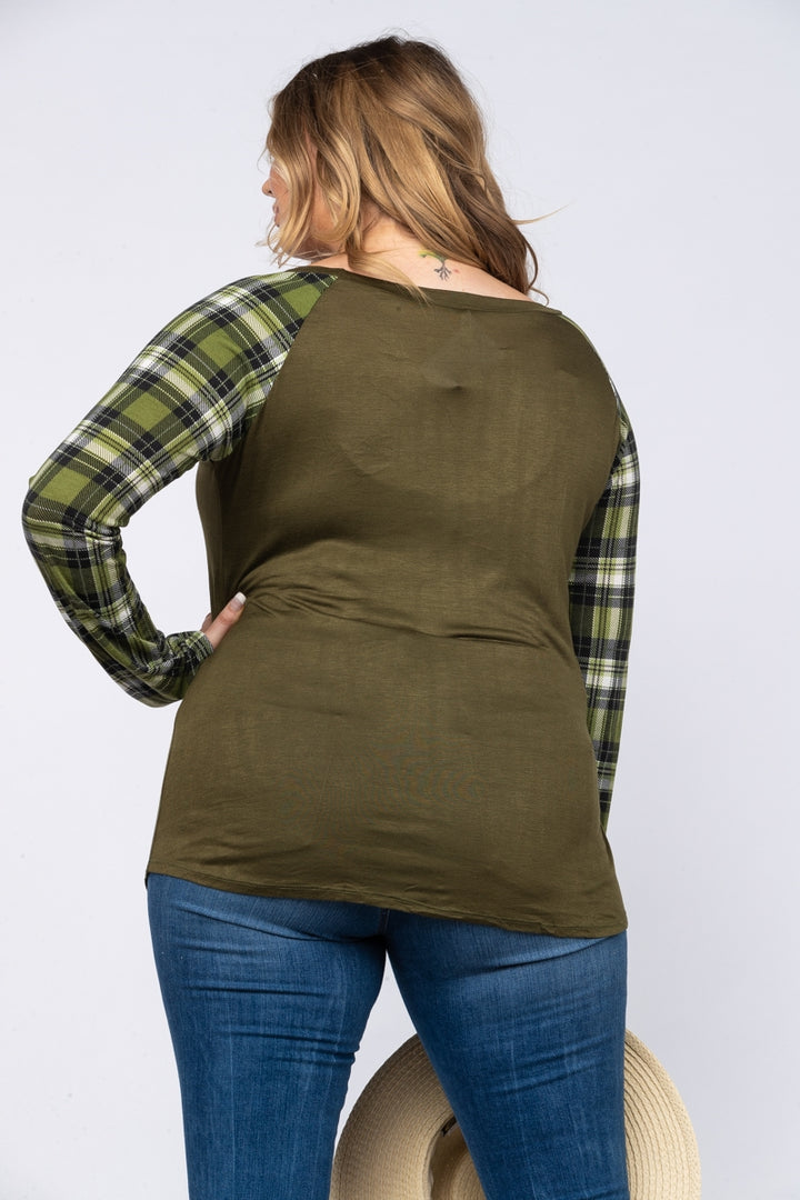 OLIVE GREEN MADRAS SLEEVES PLUS SIZE RAGLAN TOP CT43222L