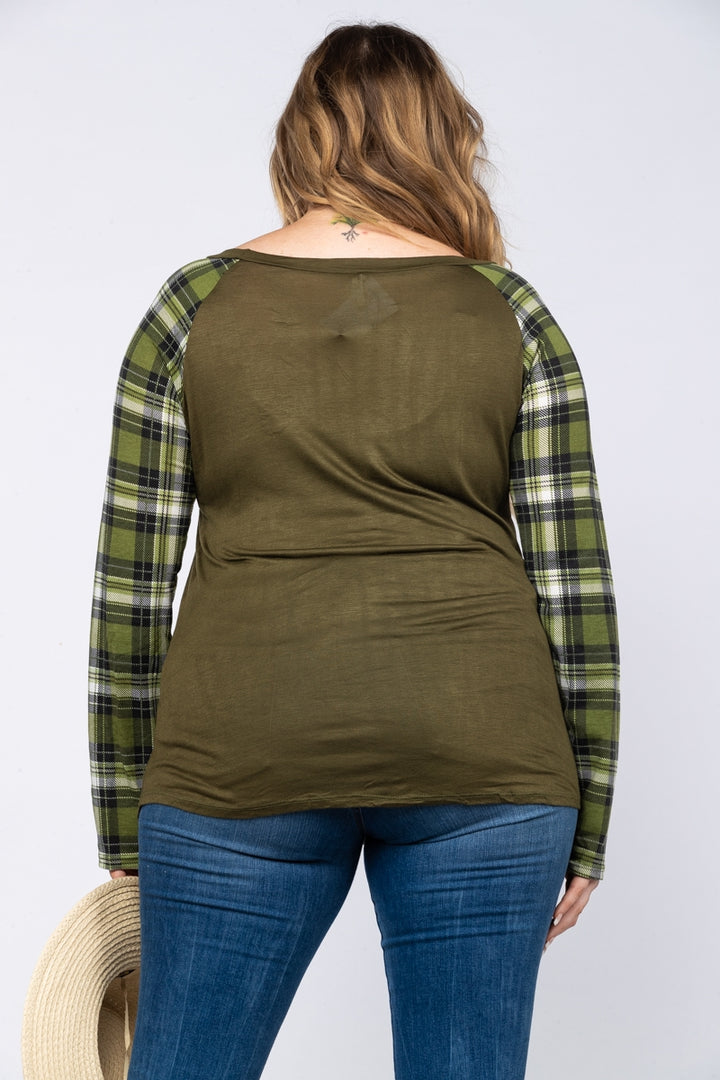 OLIVE GREEN MADRAS SLEEVES PLUS SIZE RAGLAN TOP CT43222L