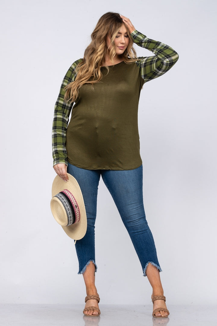 OLIVE GREEN MADRAS SLEEVES PLUS SIZE RAGLAN TOP CT43222L