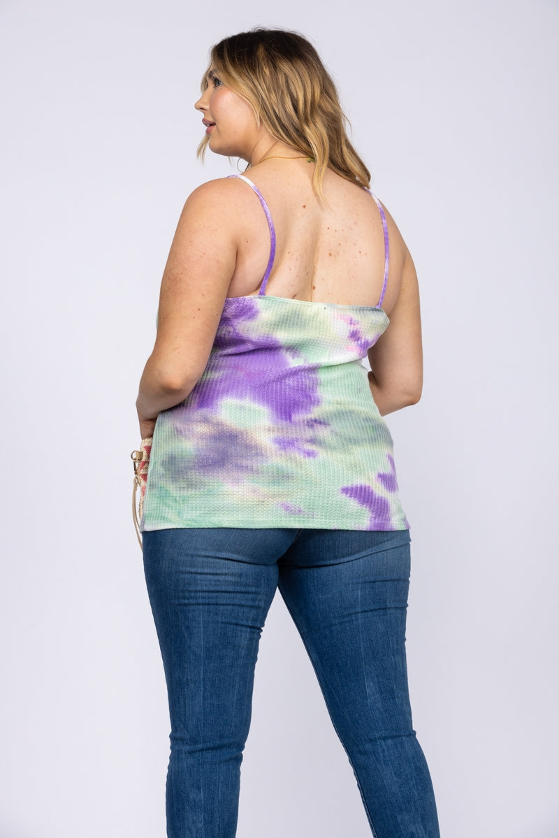 TIE-DYE SPAGHETTI STRAP LACEY  V-NECK PLUS SIZE TOP