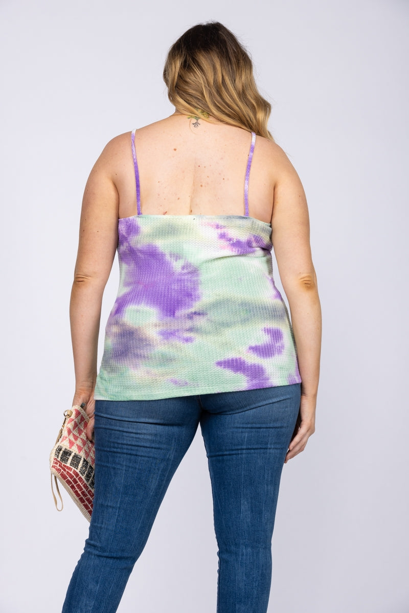 TIE-DYE SPAGHETTI STRAP LACEY  V-NECK PLUS SIZE TOP