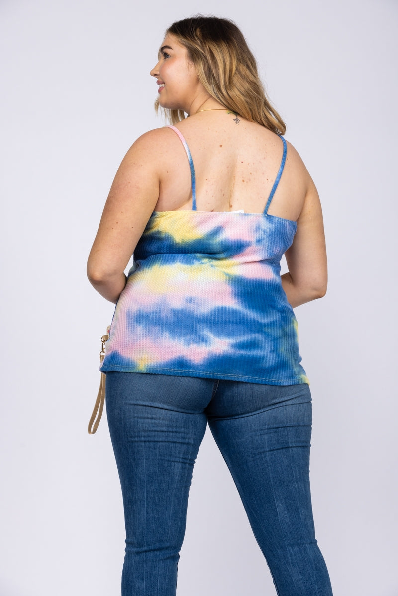 TIE-DYE SPAGHETTI STRAP LACEY  V-NECK PLUS SIZE TOP