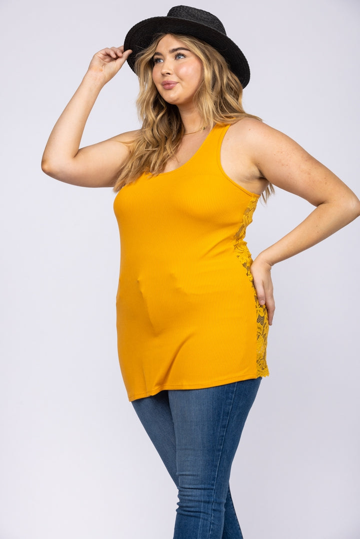 MUSTARD FLORAL LACE RACER BACK PLUS SIZE TOP T6715P