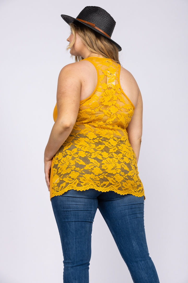 MUSTARD FLORAL LACE RACER BACK PLUS SIZE TOP T6715P