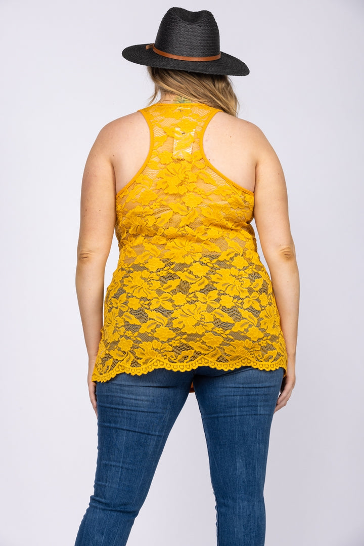 MUSTARD FLORAL LACE RACER BACK PLUS SIZE TOP T6715P