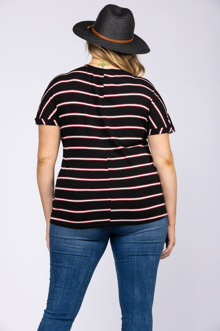 BLACK AND WHITE WITH RED STRIPES PLUS SIZE TOP T6620P